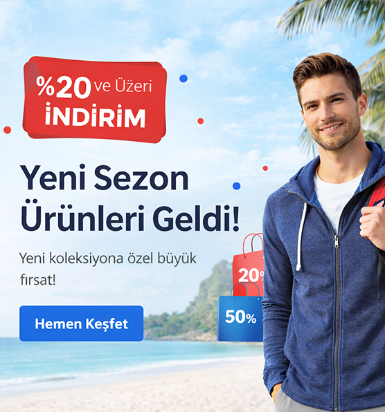 Yeni Sezon Ürünleri – %20 ve üzeri indirim, plaj ve palm ağaçlı kampanya görseli