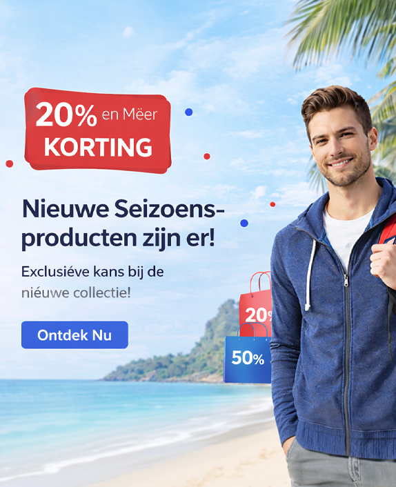 Nieuwe seizoensproducten – 20% en meer korting, campagnemodel met strand en palmbomen